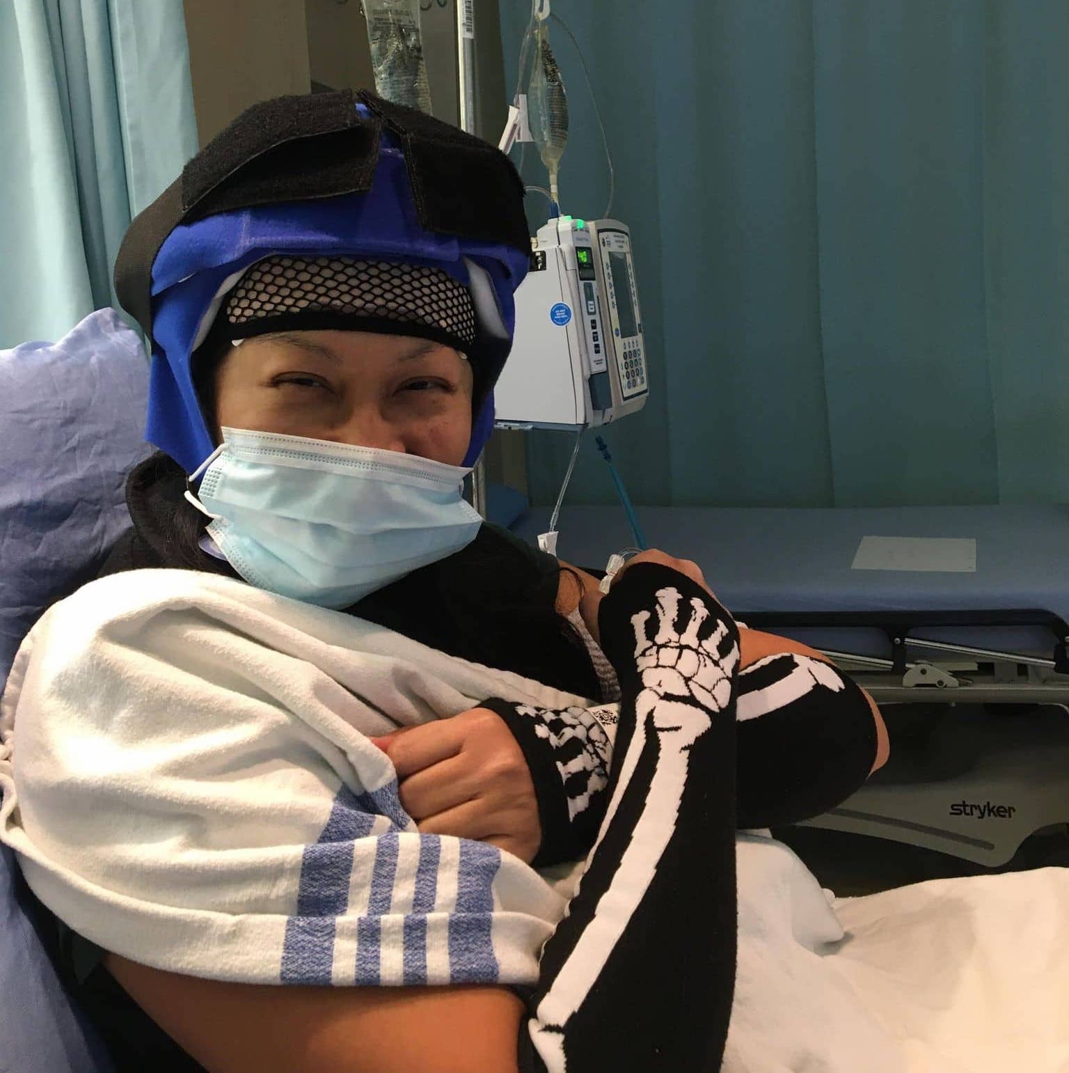 Josie wearing a Penguin Cold Cap during chemotherapy to help reduce hair loss.
